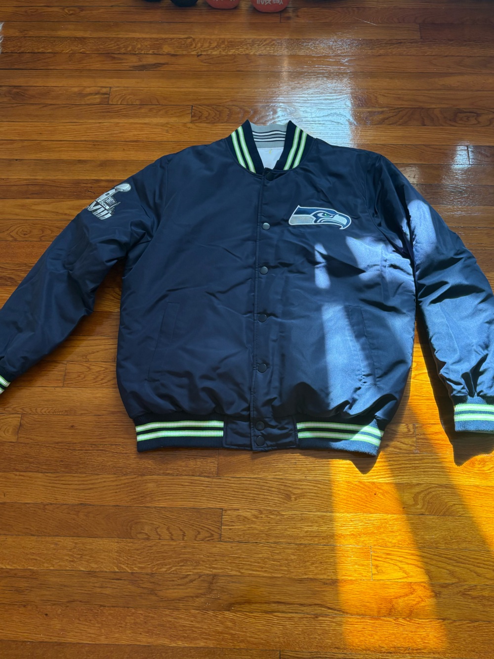 NFL Seattle Seahawks Navy Satin Bomber Jacket with Lime Trim